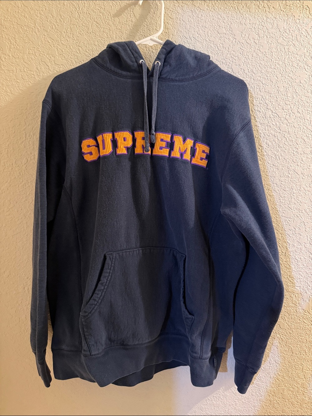 Supreme Navy Hoodie with Orange and Purple Embroidered Logo Size Large